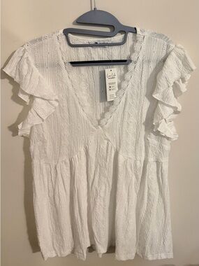 White V-Neck Ruffled Sleeve Blouse